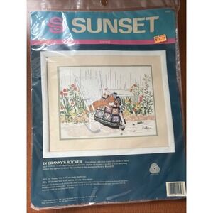 VTG Sunset Crewel Embroider‎ Kit 11059 Cat Kitty In Granny's Rocker Afghan Quilt